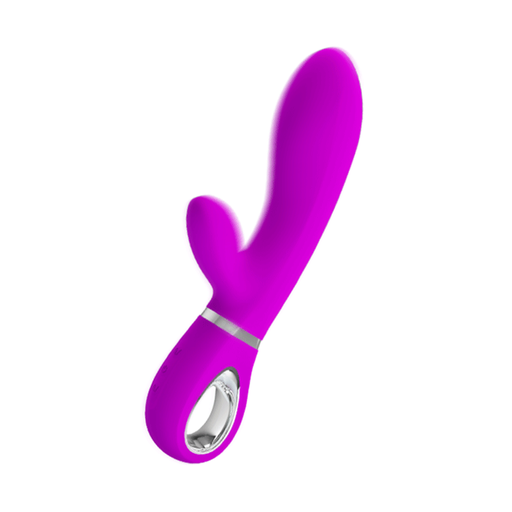Pretty Love's Thomas Rabbit Vibrator has a flexible shaft w/ a soft bulbous G-spot head & short clitoral stimulator for dual pleasure. Purple-GIF.