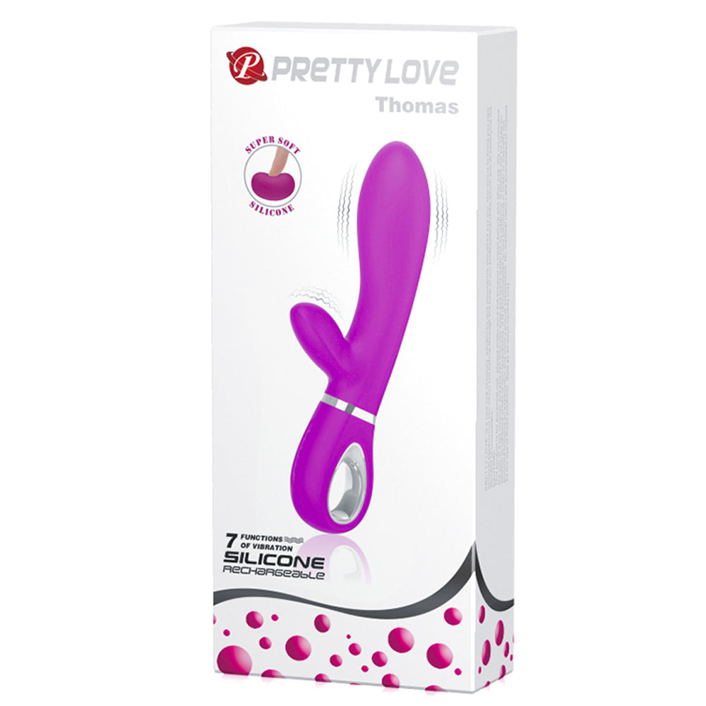 Pretty Love's Thomas Rabbit Vibrator has a flexible shaft w/ a soft bulbous G-spot head & short clitoral stimulator for dual pleasure. Purple-package.