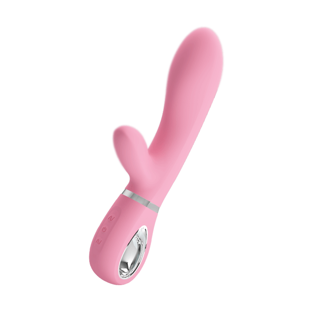 Pretty Love's Thomas Rabbit Vibrator has a flexible shaft w/ a soft bulbous G-spot head & short clitoral stimulator for dual pleasure. Pink-GIF.