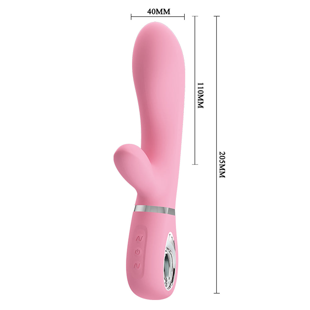 Pretty Love's Thomas Rabbit Vibrator has a flexible shaft w/ a soft bulbous G-spot head & short clitoral stimulator for dual pleasure. Pink-dimension.