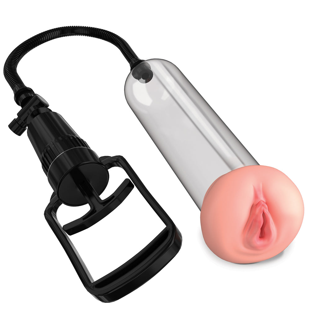 Pump Worx beginner's pussy pump has a realistic vaginal entrance made of FantaFlesh to let you use it as a masturbator when you reach your desired size.