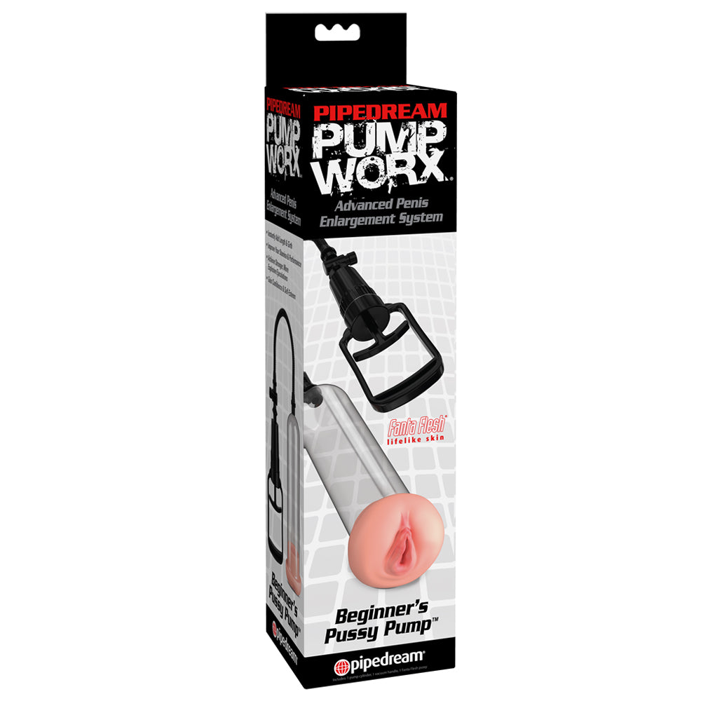 Pump Worx beginner's pussy pump has a realistic vaginal entrance made of FantaFlesh to let you use it as a masturbator when you reach your desired size. Package.