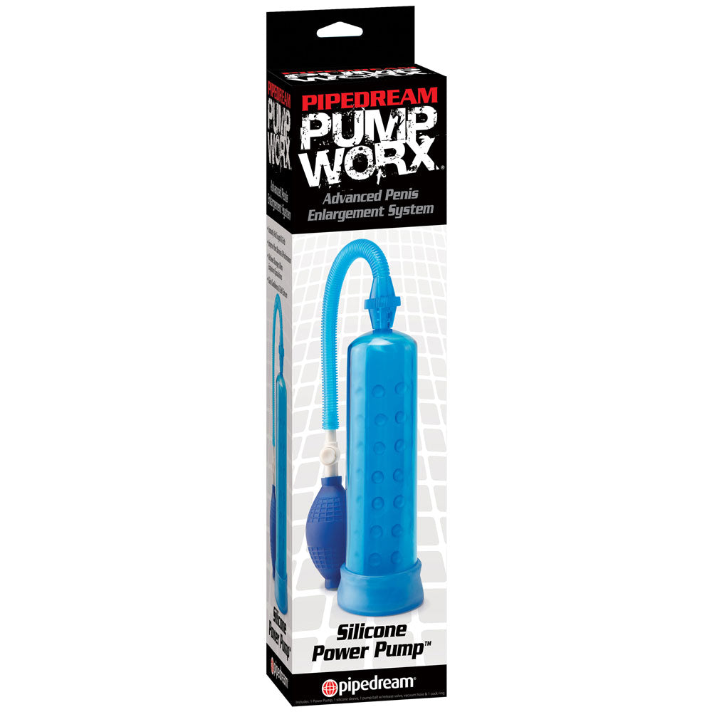 Pump Worx Silicone Power Pump gives you a stronger, longer-lasting erection with every squeeze of the hand-pump ball & has a quick-release valve for fast play. Blue-package.
