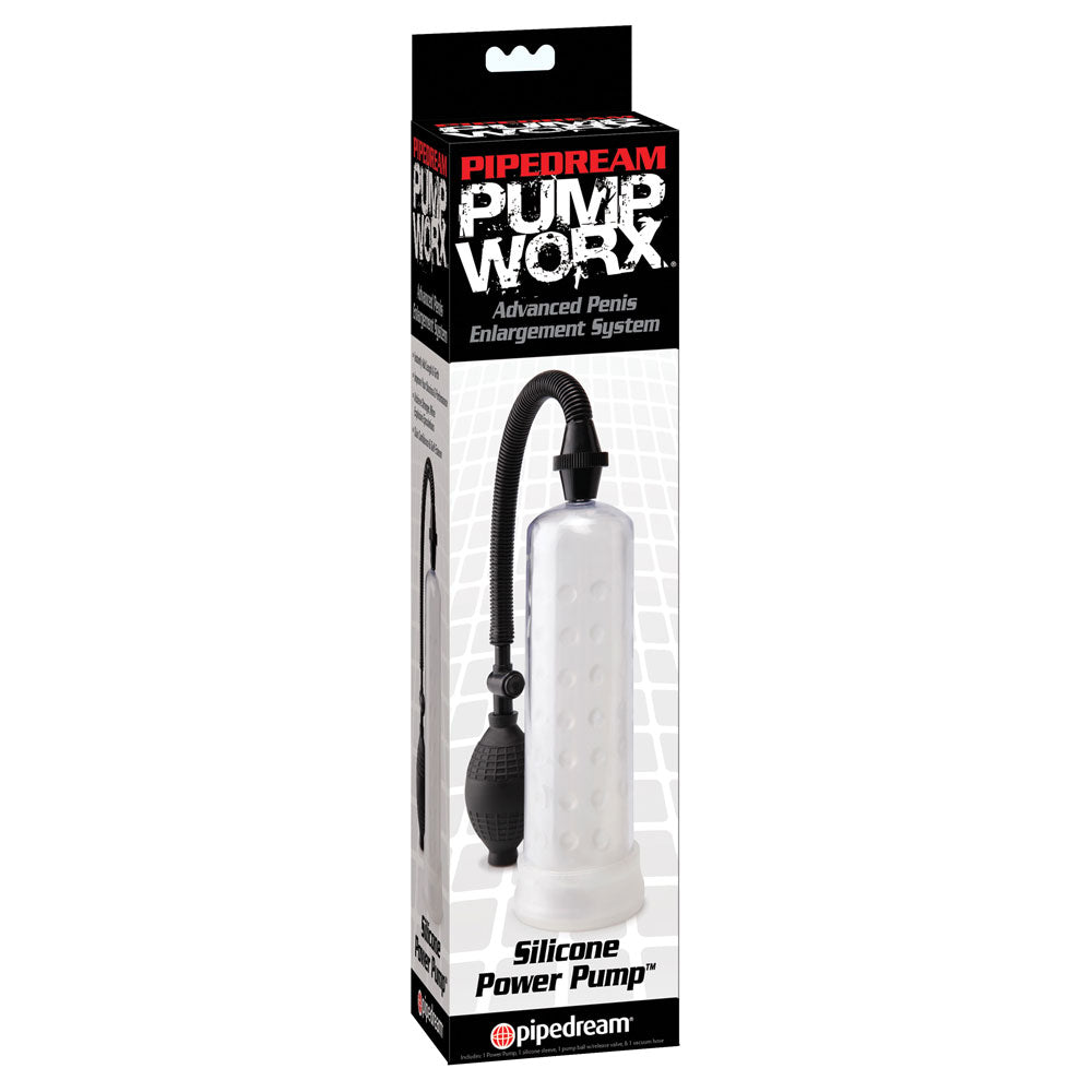 Pump Worx Silicone Power Pump gives you a stronger, longer-lasting erection with every squeeze of the hand-pump ball & has a quick-release valve for fast play. Clear-package.