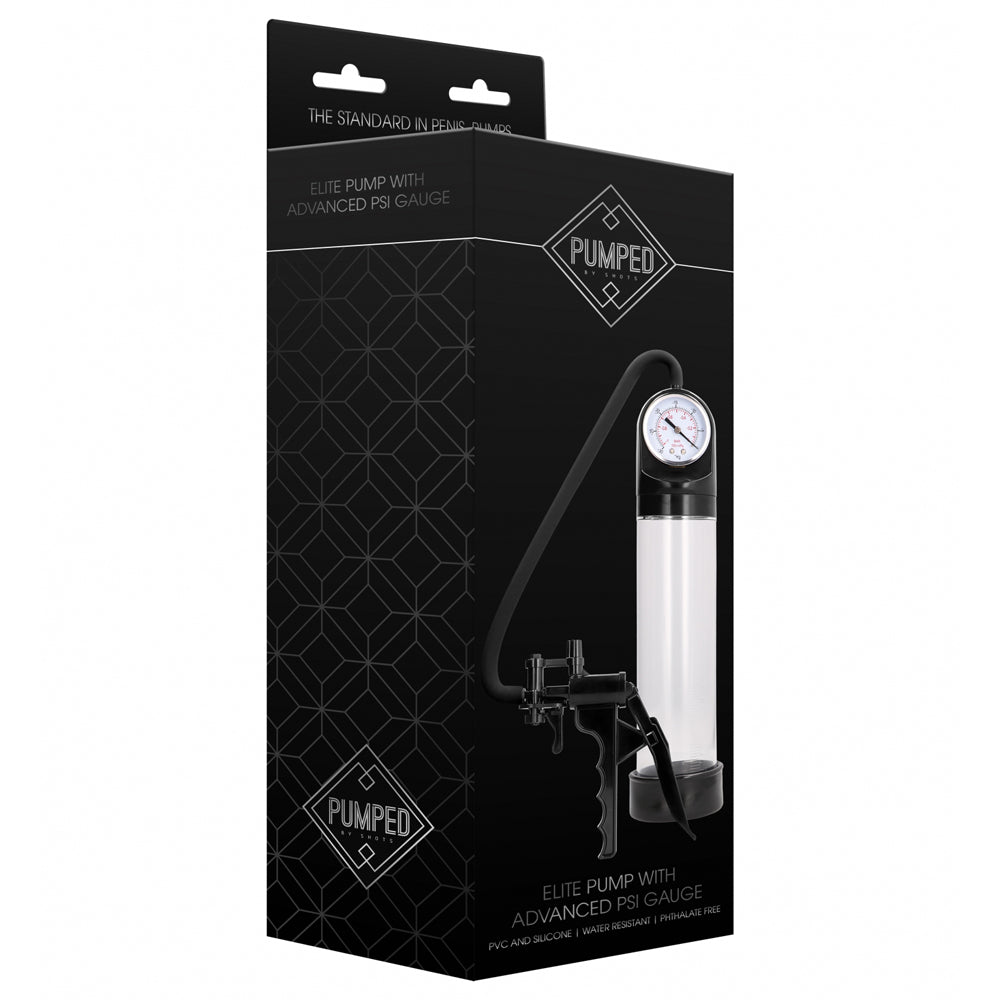 This Elite Pump with advanced PSI gauge creates an airtight vacuum seal to increase your erection's hardness & size quickly & accurately w/ a pressure gauge that shows PSI. Transparent-package.