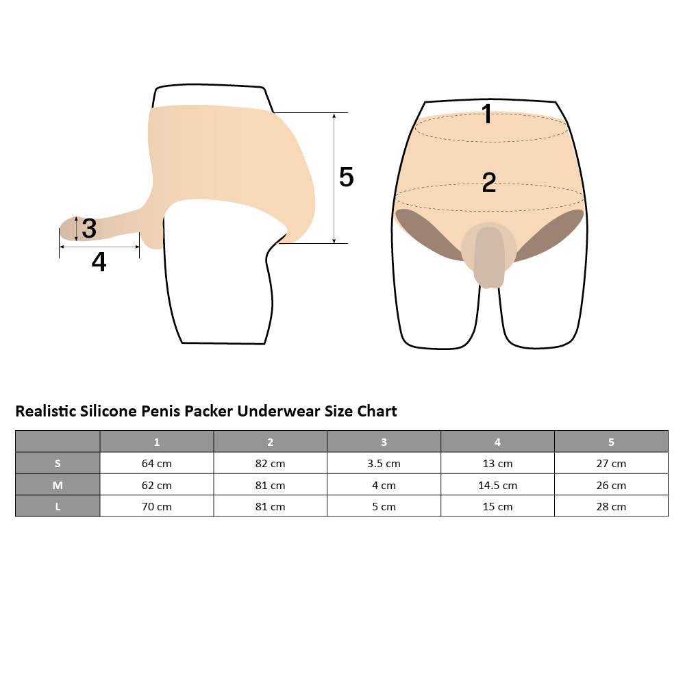 This Realistic Silicone Penis Packer Underwear - large is great for FTM dysphoria relief, drag kings or cross-dressing & has a lifelike 6" erect penis built-in. Size chart. 