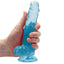 RealRock 7" Crystal Clear Realistic Dildo With Balls & Suction Cup has a lifelike shape & size w/ 5.9" insertable & a ridged phallic head, veiny shaft + testicles for safe anal or vaginal play. Blue-on hand.
