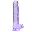 RealRock 9" Crystal Clear Realistic Dildo With Balls & Suction Cup has a lifelike sculpted phallic head, veiny shaft & testicles for safe anal or vaginal play. Purple.
