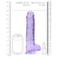 RealRock 9" Crystal Clear Realistic Dildo With Balls & Suction Cup has a lifelike sculpted phallic head, veiny shaft & testicles for safe anal or vaginal play. Purple-dimension.