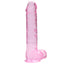 RealRock 9" Crystal Clear Realistic Dildo With Balls & Suction Cup has a lifelike sculpted phallic head, veiny shaft & testicles for safe anal or vaginal play. Pink.