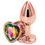 Rear Assets - rose gold heart gem butt plug - small has a heart-shaped gem base! Scratch-resistant, hypoallergenic & temperature play-ready. Rainbow.