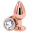 Rear Assets - rose gold round gem butt plug - medium has a round crystal base & is scratch-resistant, hypoallergenic & temperature play-ready. Clear.