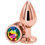 Rear Assets - rose gold round gem butt plug - medium has a round crystal base & is scratch-resistant, hypoallergenic & temperature play-ready. Rainbow.