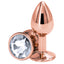 This 2" rose gold aluminium anal princess plug has a round crystal base & is scratch-resistant, hypoallergenic & temperature play-ready. Clear.