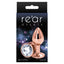 This 2" rose gold aluminium anal princess plug has a round crystal base & is scratch-resistant, hypoallergenic & temperature play-ready. Clear-package.
