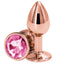 This 2" rose gold aluminium anal princess plug has a round crystal base & is scratch-resistant, hypoallergenic & temperature play-ready. Pink.