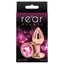 This 2" rose gold aluminium anal princess plug has a round crystal base & is scratch-resistant, hypoallergenic & temperature play-ready. Pink-package.