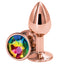 This 2" rose gold aluminium anal princess plug has a round crystal base & is scratch-resistant, hypoallergenic & temperature play-ready. Rainbow.