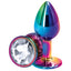Rear Assets Multicolour Round Gem Metal Butt Plug - Small. This 2" tapered metal princess plug has a stunning crystal base & is made from temperature play-ready aluminium. Clear.