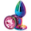 Rear Assets Multicolour Round Gem Metal Butt Plug - Small. This 2" tapered metal princess plug has a stunning crystal base & is made from temperature play-ready aluminium. Pink.