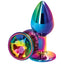 Rear Assets Multicolour Round Gem Metal Butt Plug - Small. This 2" tapered metal princess plug has a stunning crystal base & is made from temperature play-ready aluminium. Rainbow.