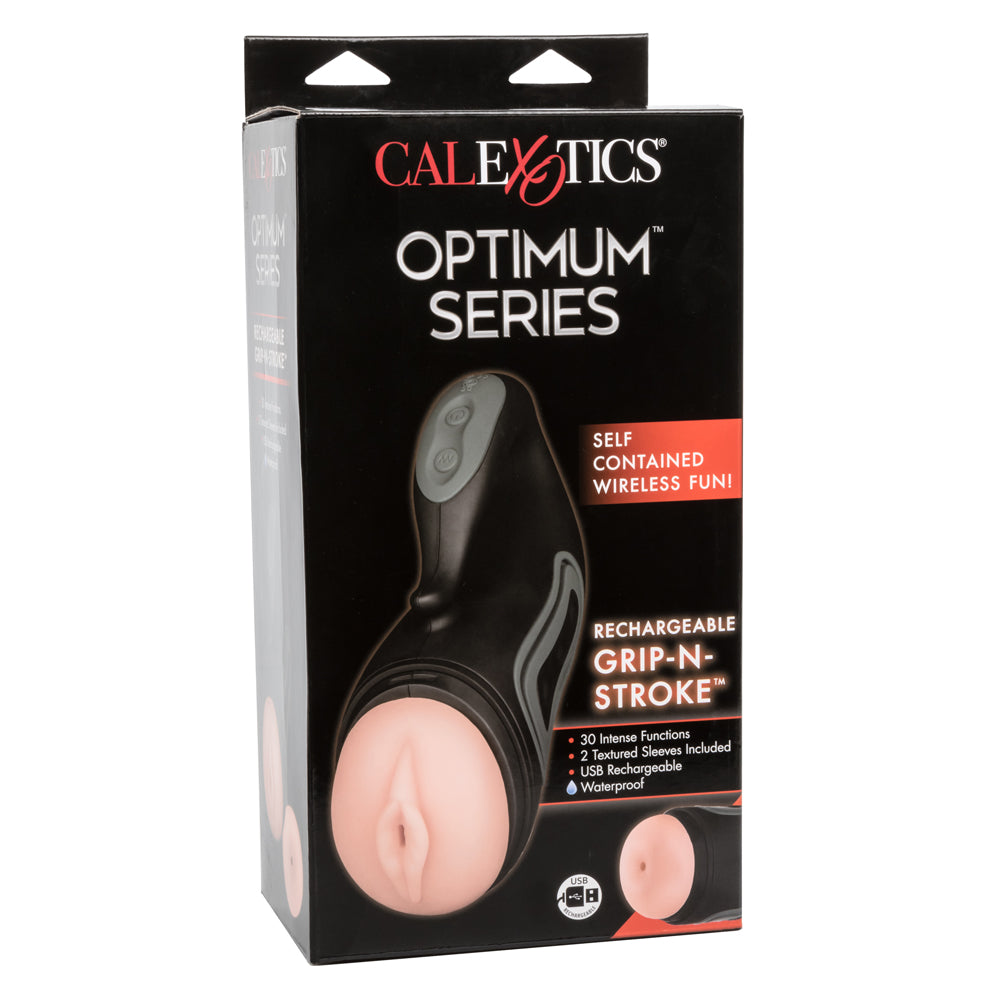 Optimum Series - Rechargeable Grip-N-Stroke. 30-mode vibrating masturbator comes with 2 textured sleeves for your pleasure in a torch-shaped case. 12