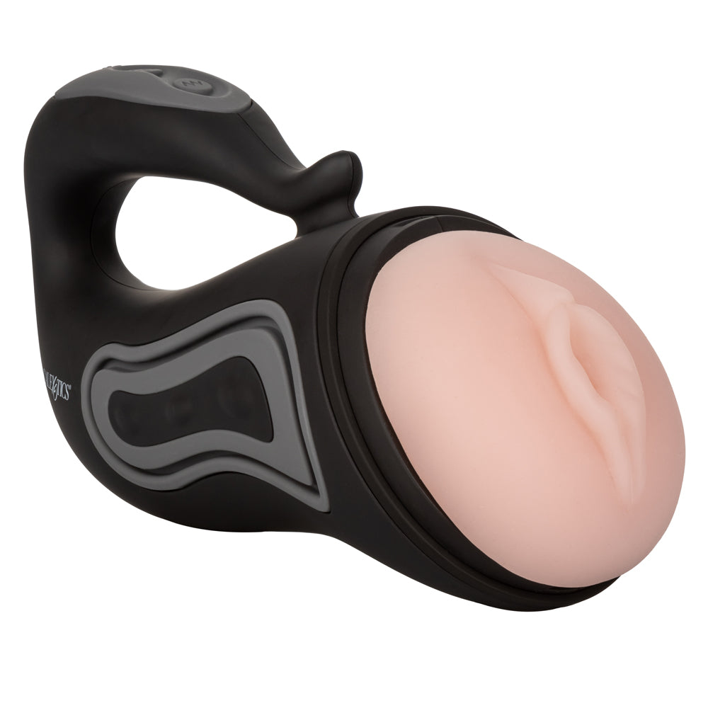 Optimum Series - Rechargeable Grip-N-Stroke. 30-mode vibrating masturbator comes with 2 textured sleeves for your pleasure in a torch-shaped case.