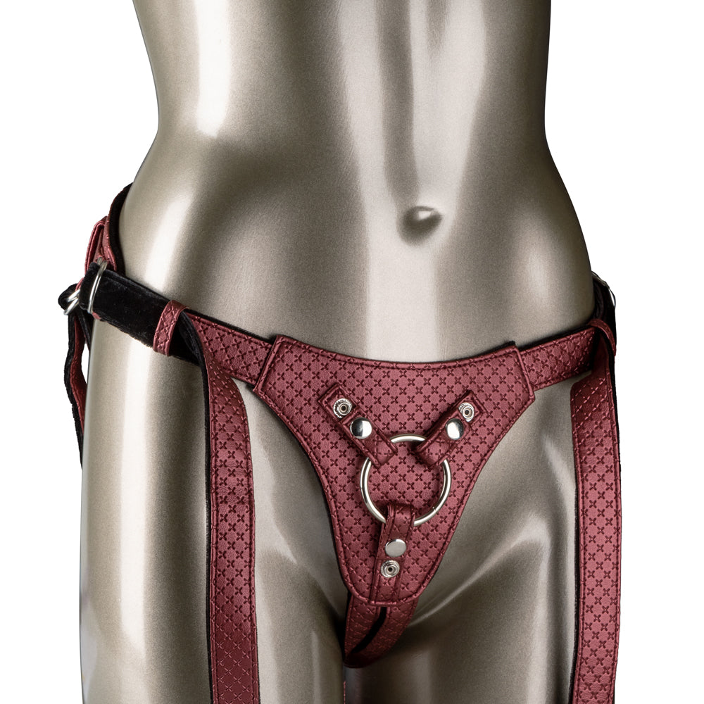 Her Royal Harness - The Regal Queen -  adjustable vegan leather strap-on harness has a corset style back & supportive straps + velvet lining. Maroon