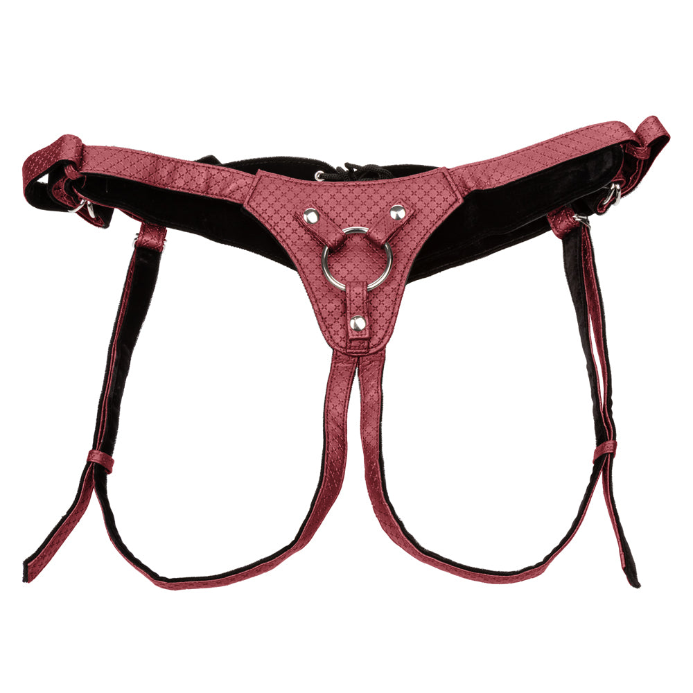 Her Royal Harness - The Regal Queen - adjustable vegan leather strap-on harness has a corset style back & supportive straps + velvet lining. Maroon 3