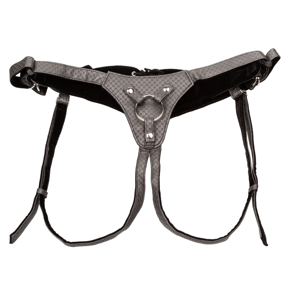 Her Royal Harness - The Regal Queen - adjustable vegan leather strap-on harness has a corset style back & supportive straps + velvet lining. Pewter 3
