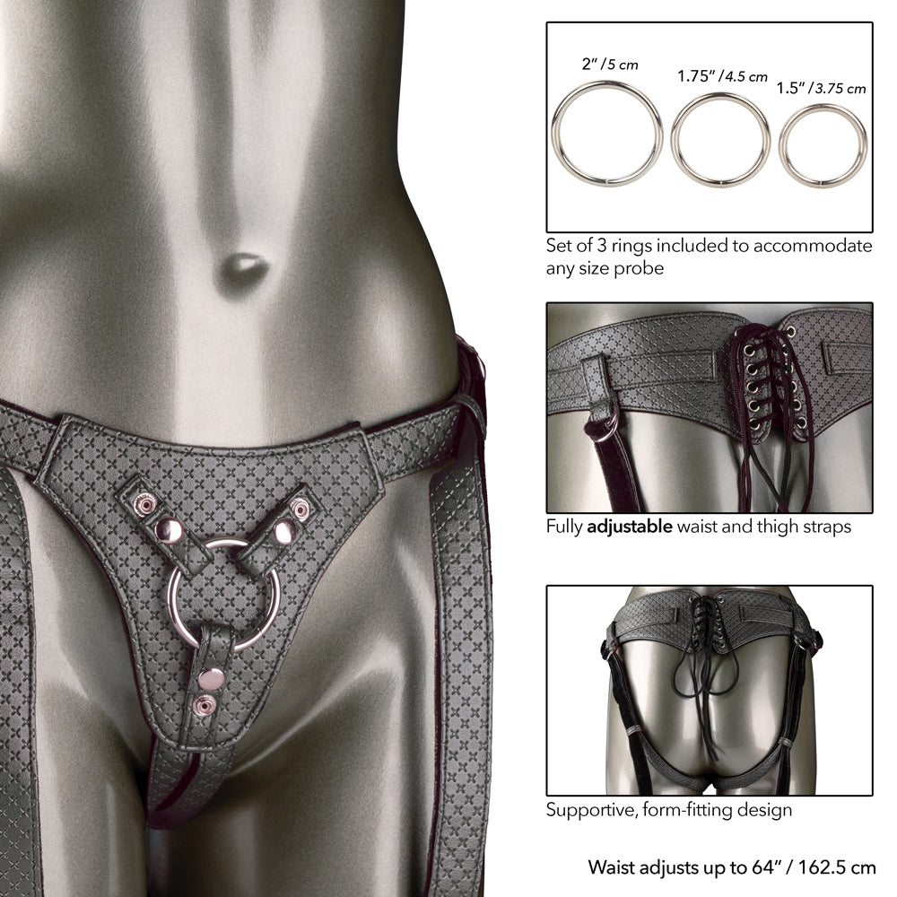Her Royal Harness - The Regal Queen - adjustable vegan leather strap-on harness has a corset style back & supportive straps + velvet lining. Pewter 4