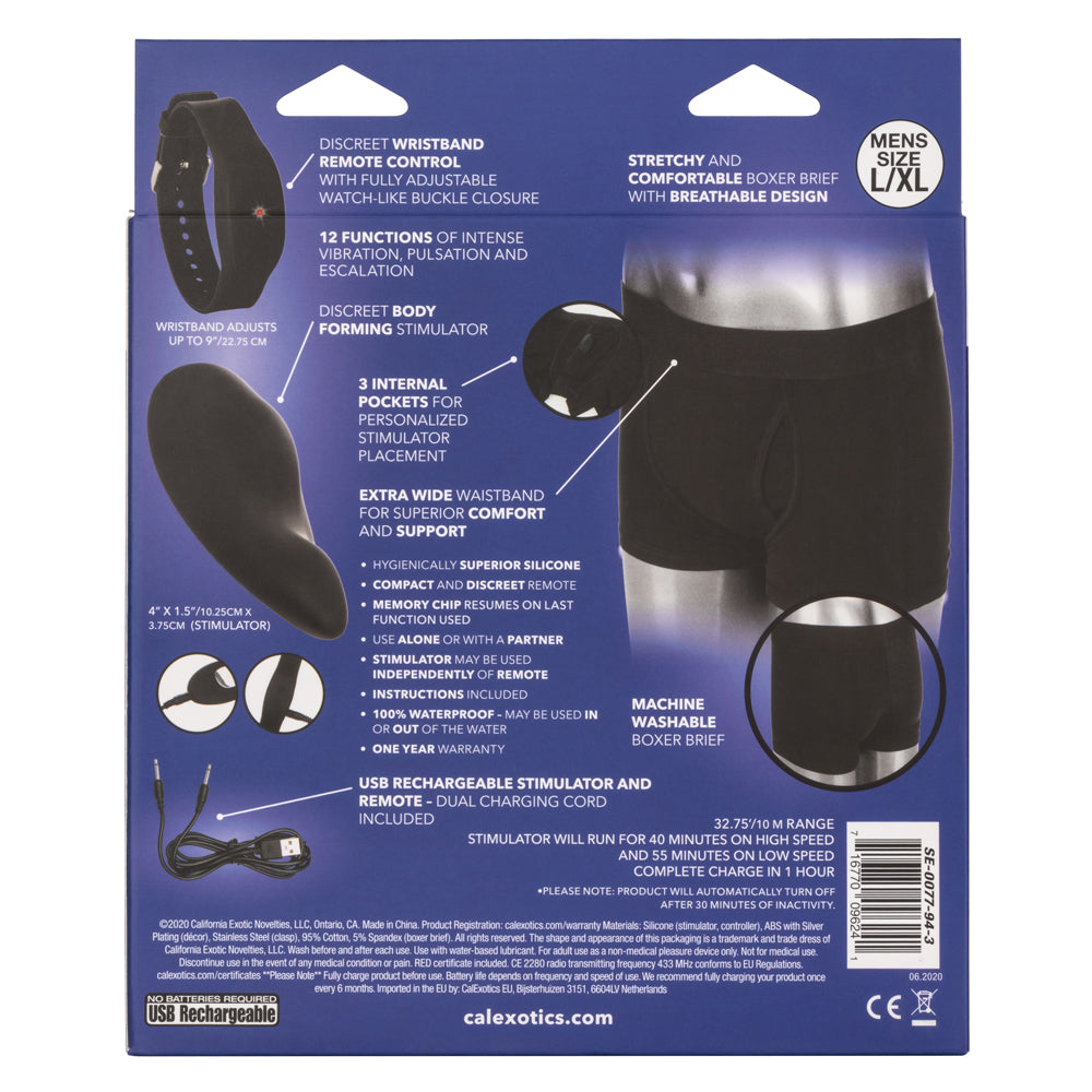Remote Control Boxer Brief Stimulator Set - wrist band remote, stimulator has 12 vibration functions and 3 internal pockets for position options. Black 14