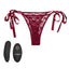This side-tie lace thong has a hidden pocket for a remote-control panty vibrator to stimulate you in 12 modes discreetly & hands-free. Burgundy.