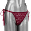 This side-tie lace thong has a hidden pocket for a remote-control panty vibrator to stimulate you in 12 modes discreetly & hands-free. Burgundy.