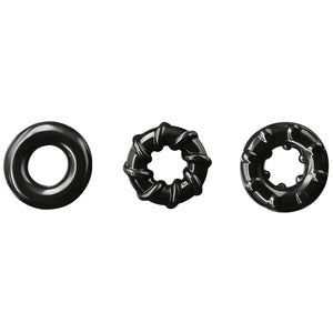 Renegade Dyno Cock Rings 3-Pack keeps you harder for longer & comes in 3 different textures for a variety of sensations. Black.
