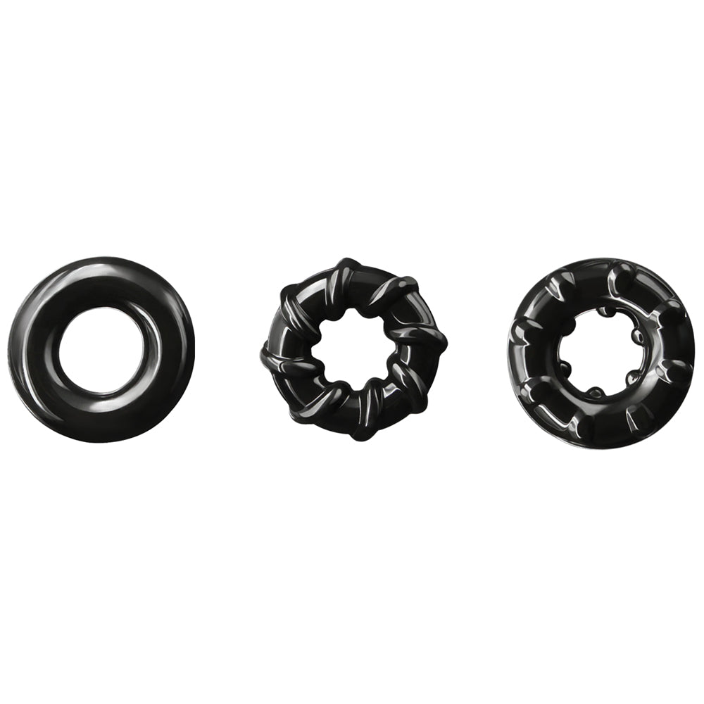Renegade Dyno Cock Rings 3-Pack keeps you harder for longer & comes in 3 different textures for a variety of sensations. Black.