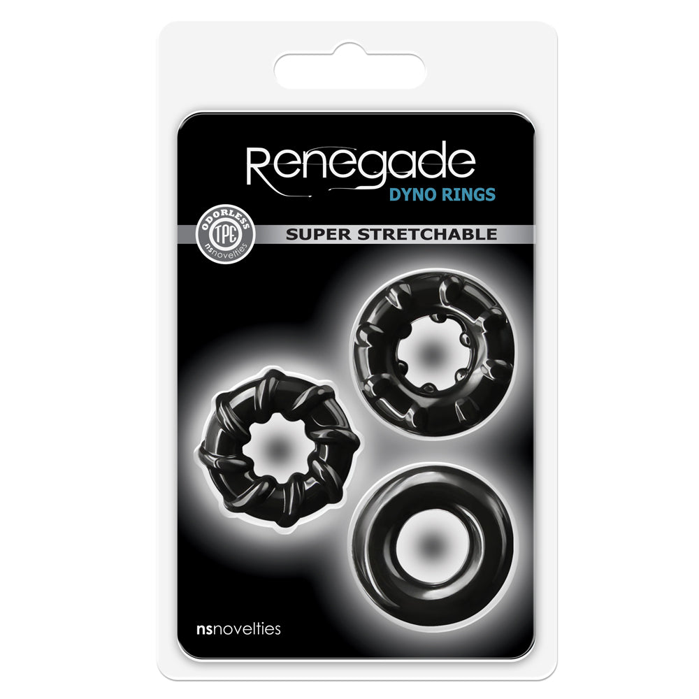 Renegade Dyno Cock Rings 3-Pack keeps you harder for longer & comes in 3 different textures for a variety of sensations. Black - package.