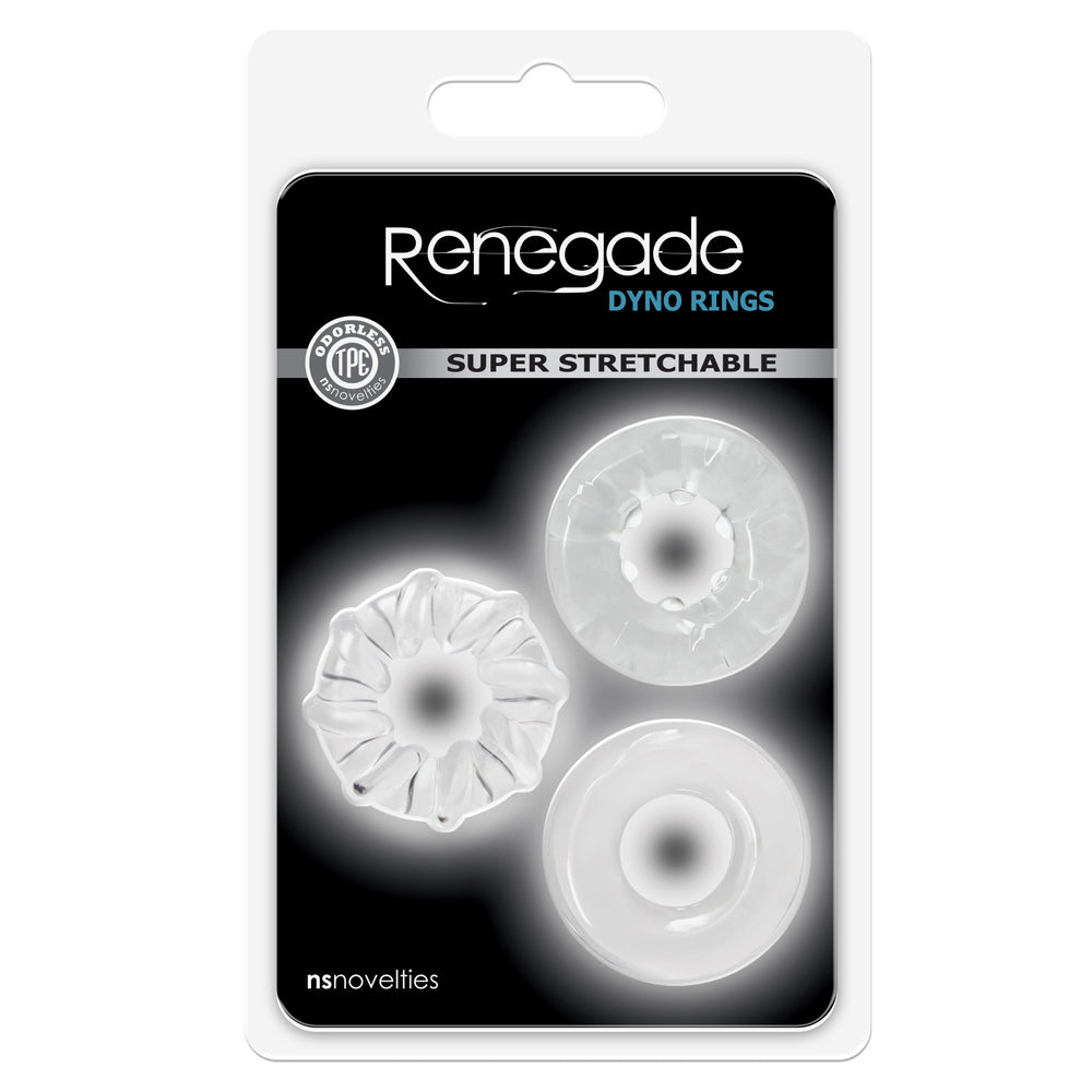 Renegade Dyno Cock Rings 3-Pack keeps you harder for longer & comes in 3 different textures for a variety of sensations. Clear - package.