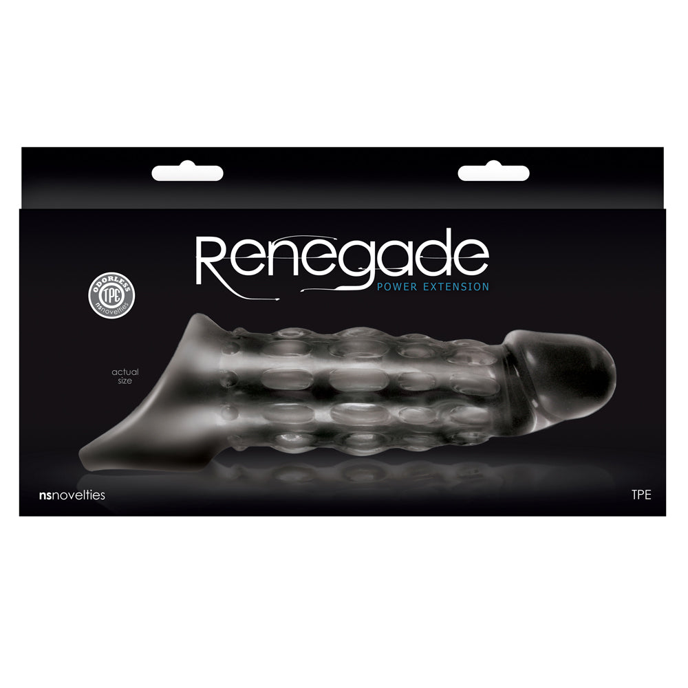 Renegade Power Extension Penis Sleeve increases girth & has raised pleasure ridges for more sensation. Package.