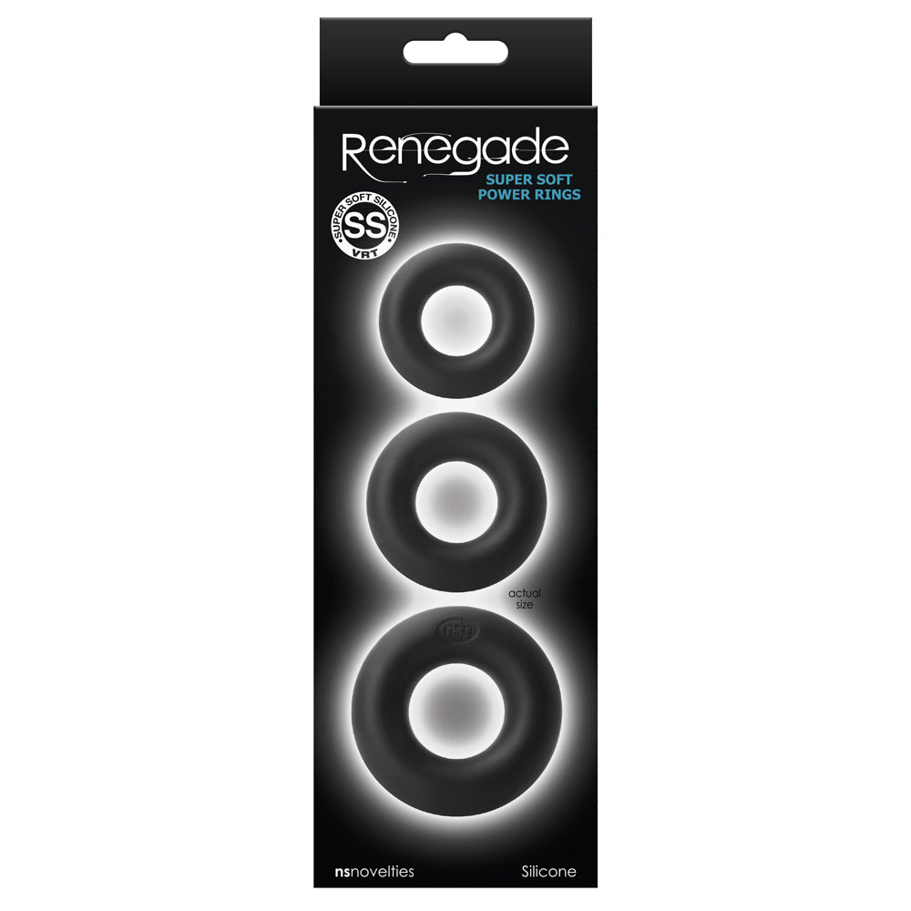 Renegade - Super Soft Power Rings - comfortable silicone cockrings come in a pack of 3 & are different sizes for customised fit & sensations. Black, box