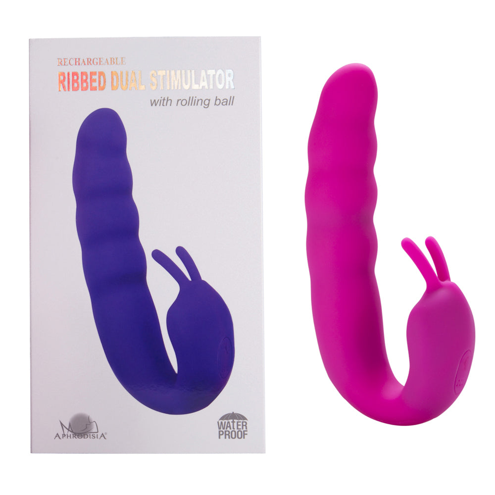 Ribbed Dual Stimulator With Rolling Ball -ribbed bulbous shaft & clitoral teaser that vibrates in 10 modes + a rolling G-spot precision ball . Rose, box