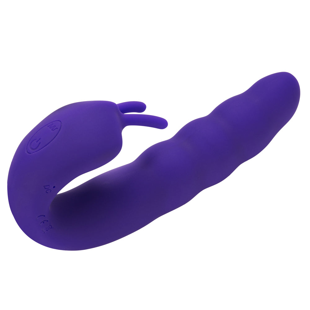 Ribbed Dual Stimulator - dual-motor vibrator has a ribbed bulbous shaft & a double-pronged clitoral teaser for 10 modes & turbo mode. Purple (3)