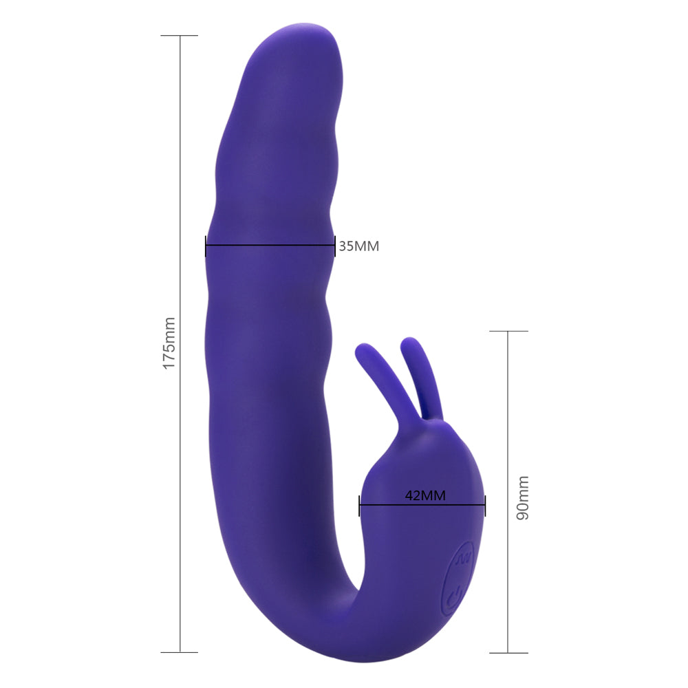 Ribbed Dual Stimulator - dual-motor vibrator has a ribbed bulbous shaft & a double-pronged clitoral teaser for 10 modes & turbo mode. Purple (4)