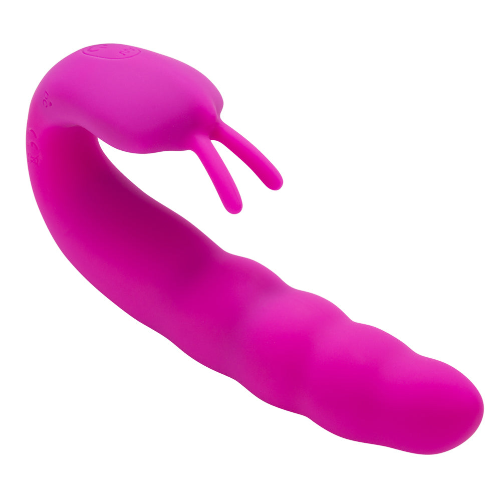 Ribbed Dual Stimulator - dual-motor vibrator has a ribbed bulbous shaft & a double-pronged clitoral teaser for 10 modes & turbo mode. Pink (2)