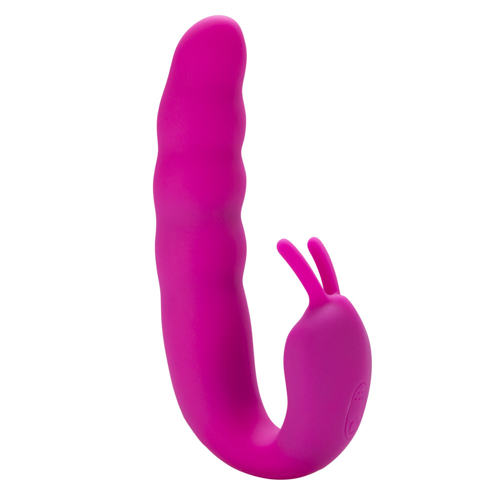Ribbed Dual Stimulator - dual-motor vibrator has a ribbed bulbous shaft & a double-pronged clitoral teaser for 10 modes & turbo mode. Pink