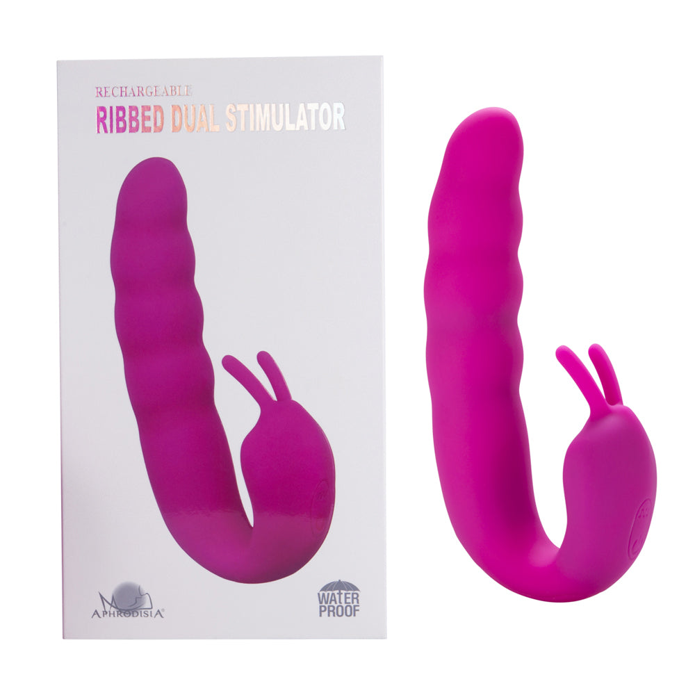 Ribbed Dual Stimulator - dual-motor vibrator has a ribbed bulbous shaft & a double-pronged clitoral teaser for 10 modes & turbo mode. Pink, box