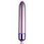 Rocks-Off Touch of Velvet Vibrating Bullet delivers 10 delicious vibration modes with its tapered precision tip. Waterproof & battery-operated. Lilac.