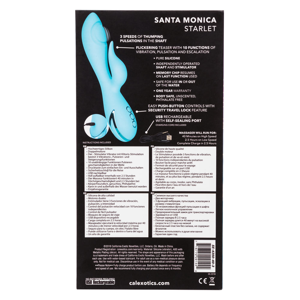 California Dreaming - Santa Monica Starlet - rabbit vibe delivers 3 modes of intense thumping G-spot stimulation & 10 clitoral vibration modes. Aqua Blue 11