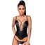 This Saresia Wet Look Plunging Criss-Cross Chain Corset & Thong elongates your torso & emphasises your cleavage w/ a deep neckline & crossover chain + eyelet detail. Front.