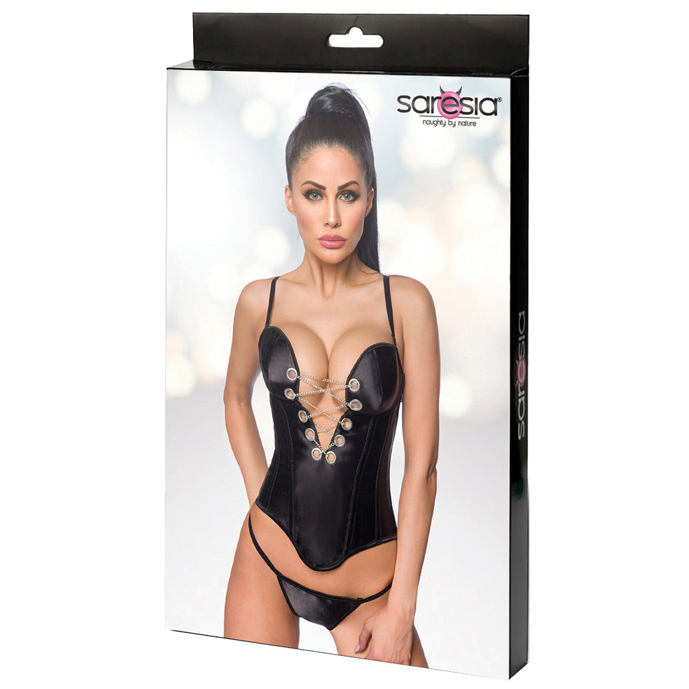 This Saresia Wet Look Plunging Criss-Cross Chain Corset & Thong elongates your torso & emphasises your cleavage w/ a deep neckline & crossover chain + eyelet detail. Package.